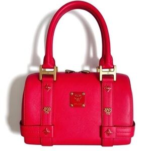MCM Bright Red Leather Satchel with Gold Hardware
